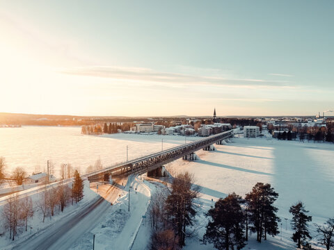 Aerial view of bridge from Ounasvaara to Rovaniemi in Lapland