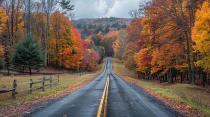 Fototapeta premium A road with a yellow line down the middle and trees on both sides