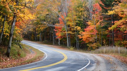 A road with trees on both sides and leaves on the ground