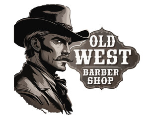Vintage Western Barber Shop Logo with Cowboy Illustration