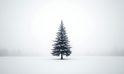 Fototapeta premium A Lone Pine Tree Stands Tall in a Snowy Field