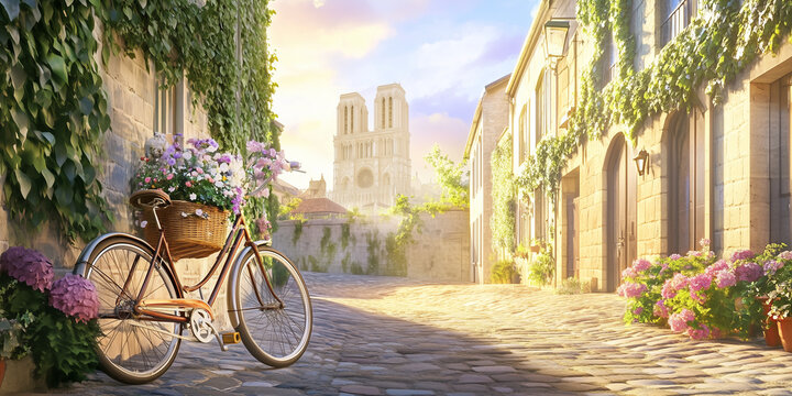 icycle with Flowers on Ivy-Covered European Street in Daylight