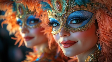 Mysterious Masquerade: A Close-Up Portrait of Two Women in Intricate Masks