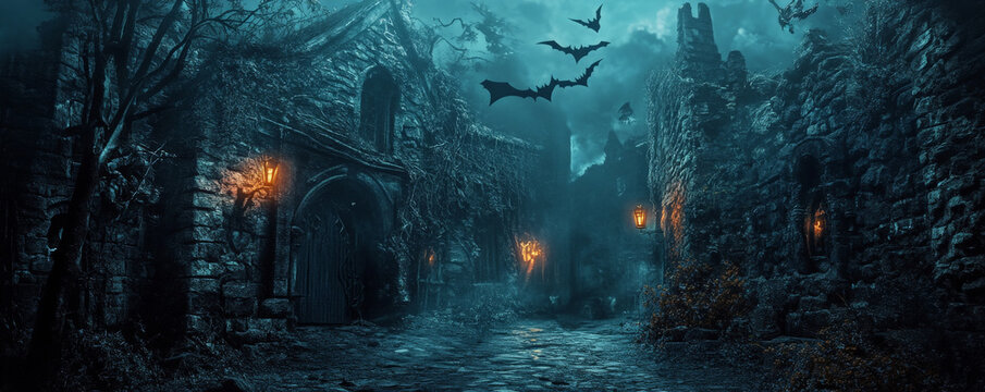 A creepy, dark alley with flickering lights, bats flying overhead, and ghostly figures lurking in the shadows.