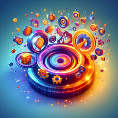 3D Glowing Abstract Marketing Icons with Vibrant Gradient Background - Captivating Visuals for Contemporary Marketing Strategies