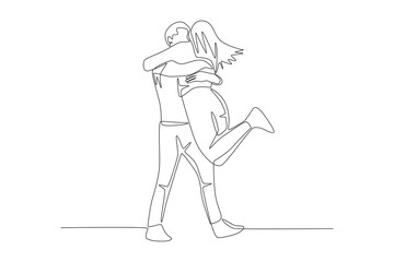 The husband who came home from work was greeted by a hug from his wife. Returning home to their families concept one-line drawing