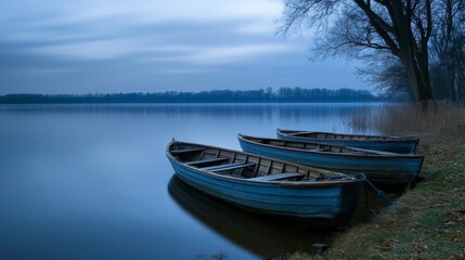 Obraz premium Long exposure lake view with boats