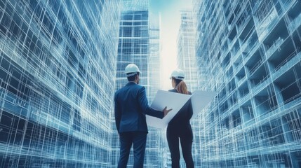 Fototapeta premium Teamwork in construction with blueprints