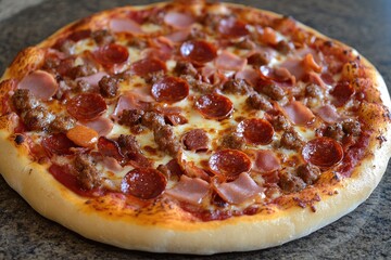 A meat lover's pizza loaded with pepperoni, sausage, bacon, and ham, fresh out of the oven