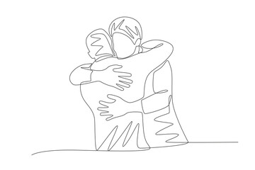 The child who returned home and wandered was hugged by his father. Returning home to their families concept one-line drawing
