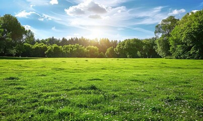 A wide, open green field extends towards the horizon with a bright sun shining in the blue sky, representing peace and natural beauty