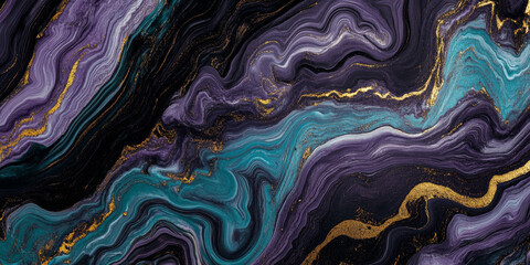 Obraz premium A bold and vibrant marble texture with swirling patterns of purple, teal, and black, accented by gold veins.