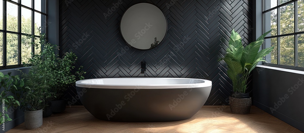 Poster modern bathroom with black tiles and freestanding tub