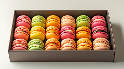 Description: A vibrant box of multi-colored macarons, neatly arranged in rows. Perfect for gifting or a treat