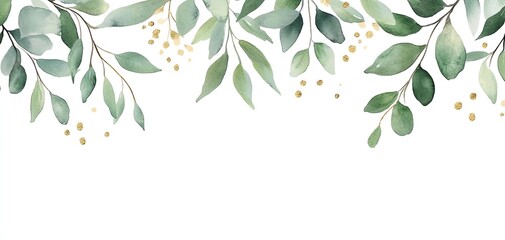 Fototapeta premium elegant botanical wedding card, green leaves and gold accents, watercolor illustration, isolated on white background