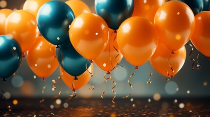 blue and orange balloons against a yellow background with scattered confetti.
