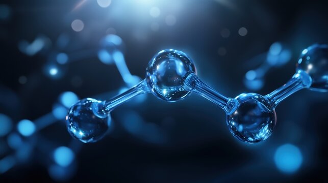 Close-up 3D rendering of a blue chemical structure on a dark background, representing abstract science and molecular research concepts. The intricate details of the chemical bonds and atoms highlight 