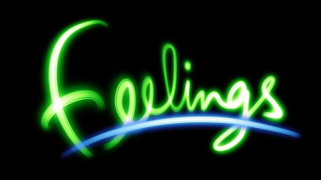feelings text neon glowing colorful on black background video