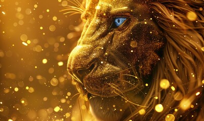 majestic lion with a glowing mane set against a backdrop of golden light bokeh, creating a magical effect