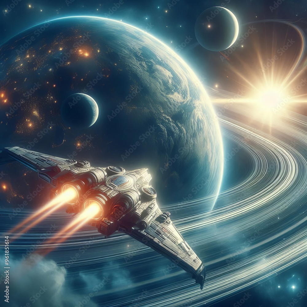 Poster a futuristic spaceship soaring through deep space, with multiple planets and stars in the background