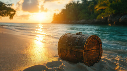 Fototapeta premium treasure chests half-buried in sand on a deserted beach or tropical island, evoking the mystery of pirate treasure.