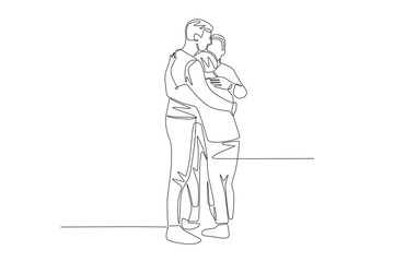 The family that welcomed dad home with hugs. Returning home to their families concept one-line drawing