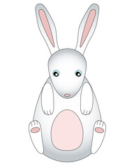 Cartoon, cute, white rabbit with a pink tummy and ears. Toy baby bunny with blue eyes. Vector character - easter bunny.	