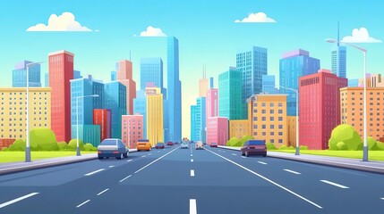 Fototapeta premium Endless urban road, cityscape, flat design, colorful buildings, animated traffic