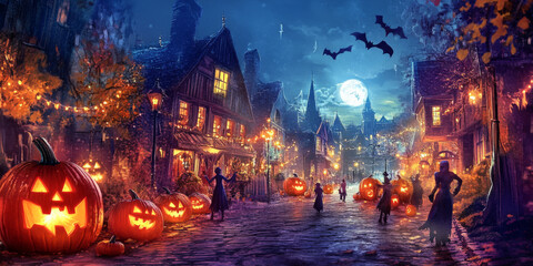Fototapeta premium A creepy street filled with glowing pumpkins, haunted houses, and trick-or-treaters in eerie costumes.