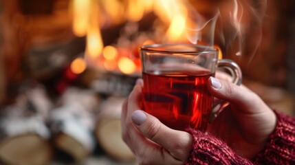 A person is holding a mug of tea in their hand, with steam rising from the cup