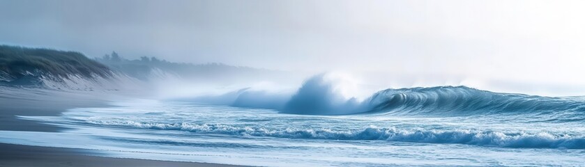 waves crashing on a misty sandy beach flat design, front view, foggy morning, watercolor, vivid