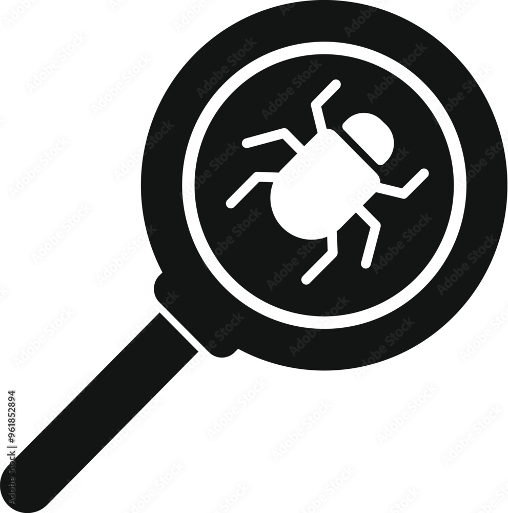 Poster magnifying glass focusing on a computer bug showing the concept of cybersecurity threat