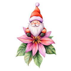 cute chubby santa holding Lily flower clipart, watercolor clipart, isolated on white background.