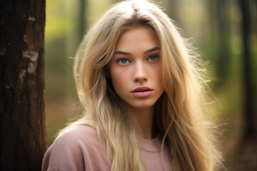 Naklejka premium Teen model with blonde hair, outdoor forest setting, soft morning light, natural tones, close-up portrait, glowing skin, serene and peaceful expression, blurred background.