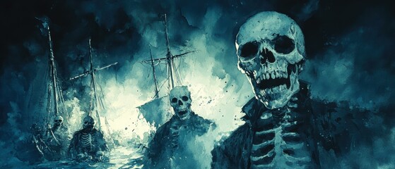 Obraz premium A haunting digital painting features skeletal pirates aboard ghostly ships, perfect for horror, fantasy