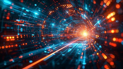 Abstract Digital Tunnel with Red and Blue Lights
