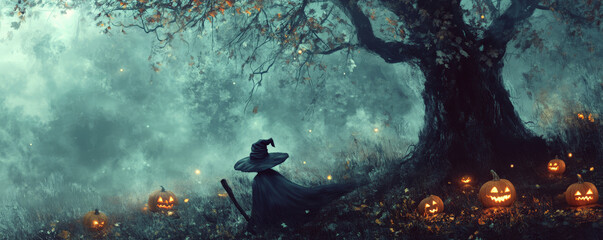 A witchâ€™s broomstick and hat resting against a crooked tree in a foggy forest, with glowing pumpkins scattered around.