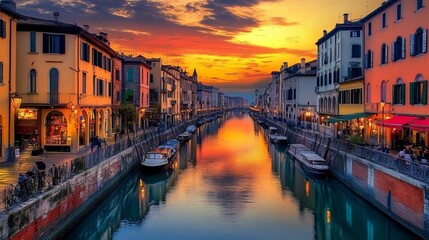 Fototapeta premium Sunset view of the Navigio Grande Canal, Milan