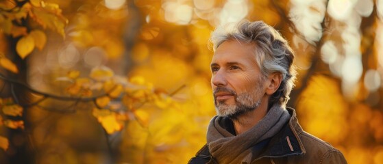 Obraz premium A man with gray hair and a beard is standing in a forest with autumn leaves