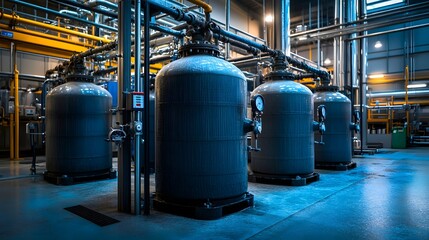 Industrial Water Softener
An industrial water softener system with large tanks and a control panel, connected by pipes and pressure gauges. The background features a factory setting.