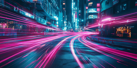 Fototapeta premium Vibrant light trails in shades of pink and teal flowing through the streets of a futuristic city, leaving glowing paths of energy.