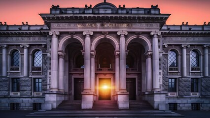 Obraz premium The Palace of Culture at Sunset, generative AI