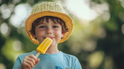 A boy in a cool summer outfit, enjoying a popsicle at a park.