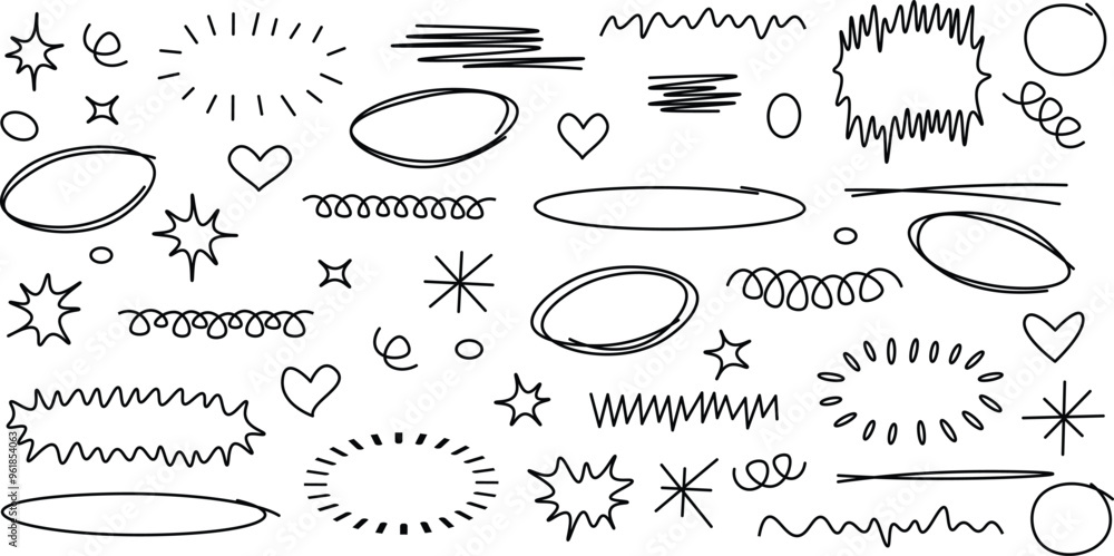 Poster set of scribble doodle underline emphasis shape. emphasis line shape collection. hand drawn brush st