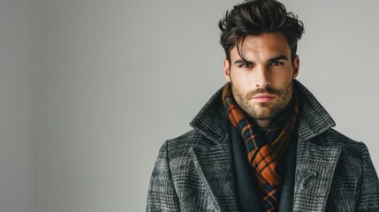 Obraz premium A man in a plaid scarf and coat is posing for a photo