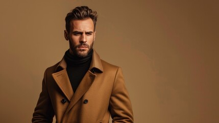 Obraz premium A man in a brown coat and black tie stands in front of a tan wall