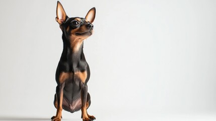 A small dog with a sleek coat sits against a plain background, showcasing its features.