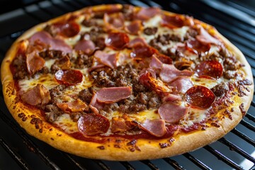 A meat lover's pizza loaded with pepperoni, sausage, bacon, and ham, fresh out of the oven