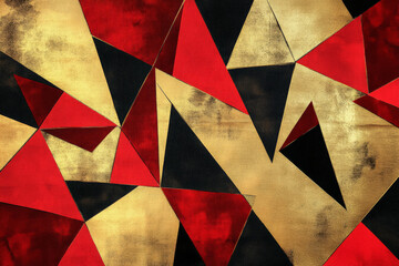 Fototapeta premium A bold red and gold geometric design with sharp triangles and diamonds creating a striking, luxurious abstract pattern.