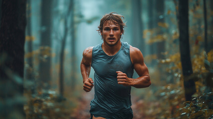 Focused athlete running through forest trail during early morning workout